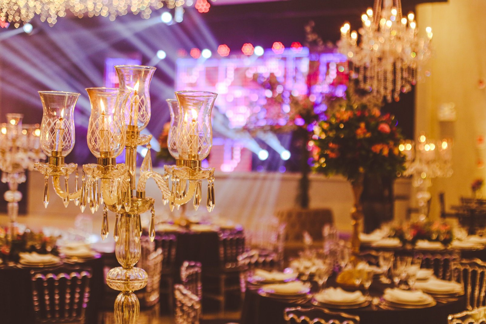 Elegant ballroom view with crystal candelabras