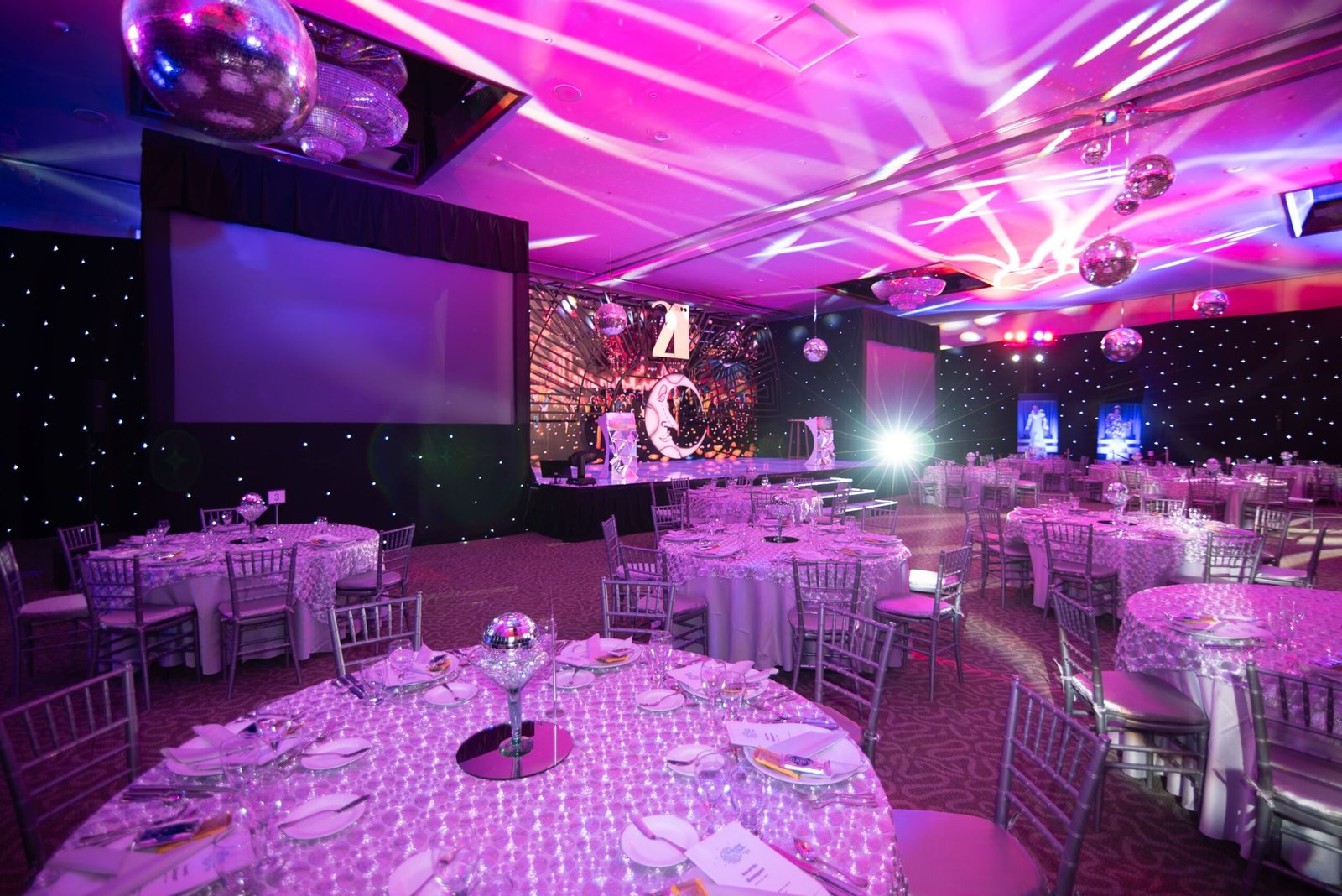 Elegant ballroom setup with crystal candelabras